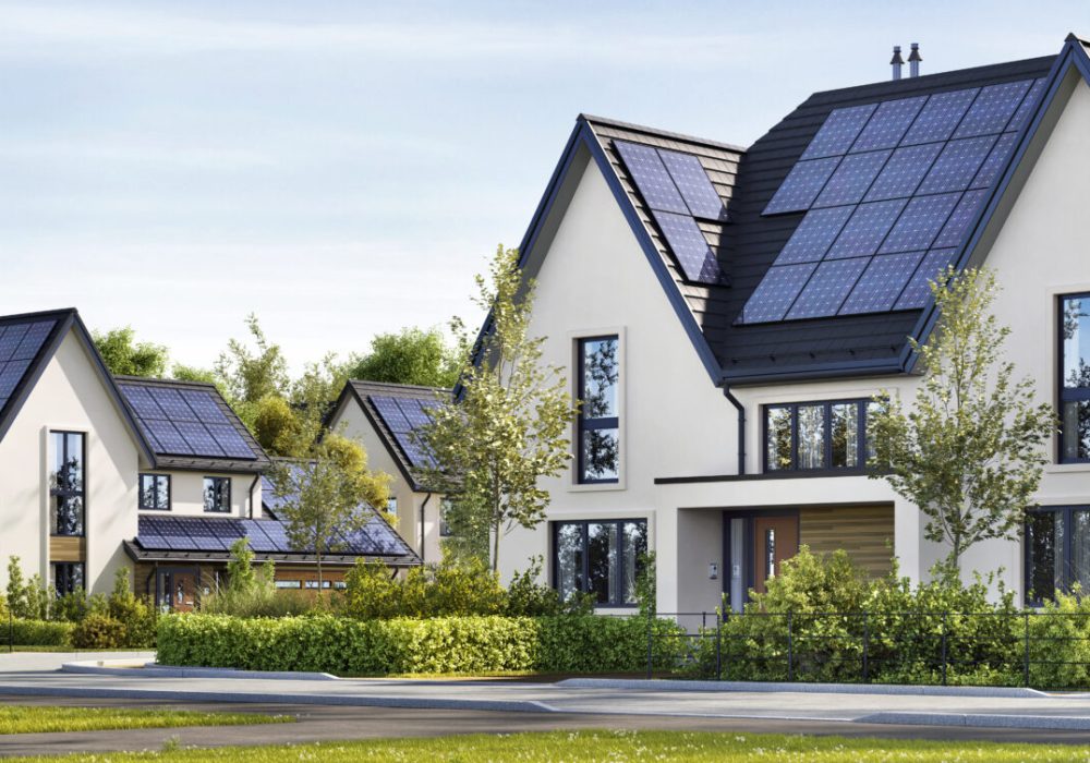 Street of beautiful residential houses with rooftop solar panels